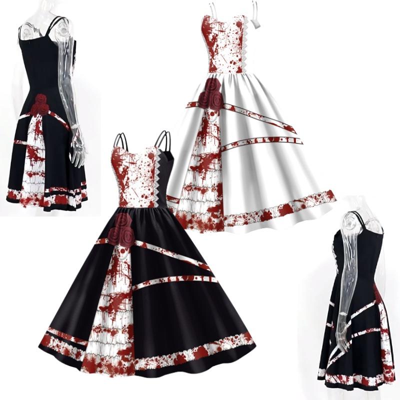 Jialin Halloween Dress For Women Scary Printed Sleeveless Costume Dress Summer)