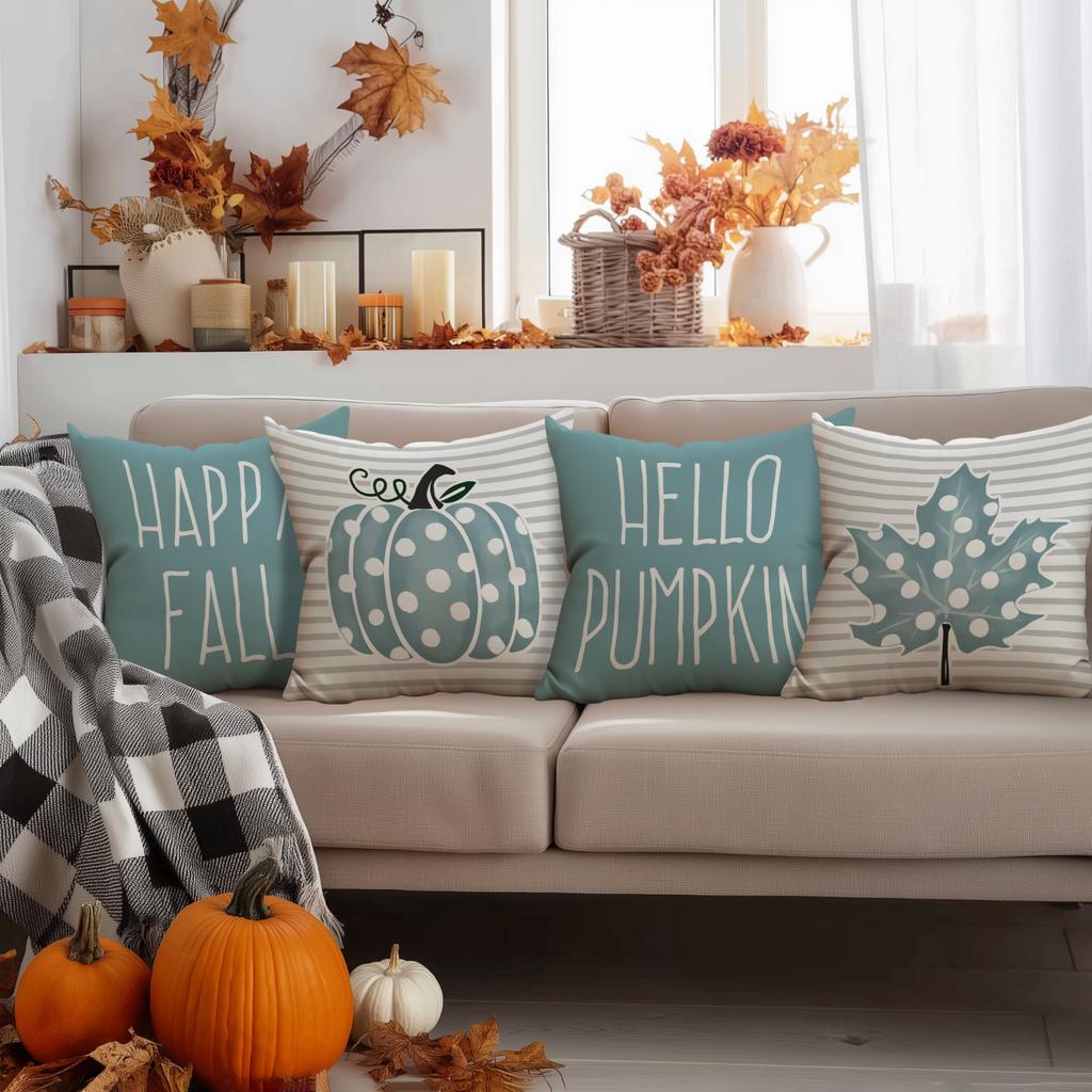 4Pcs Thanksgiving Pillow Cover, Autumn Maple Leaf Pillow Cover, Bow Shaped Pumpkin Cushion Cover, Farmhouse Decoration