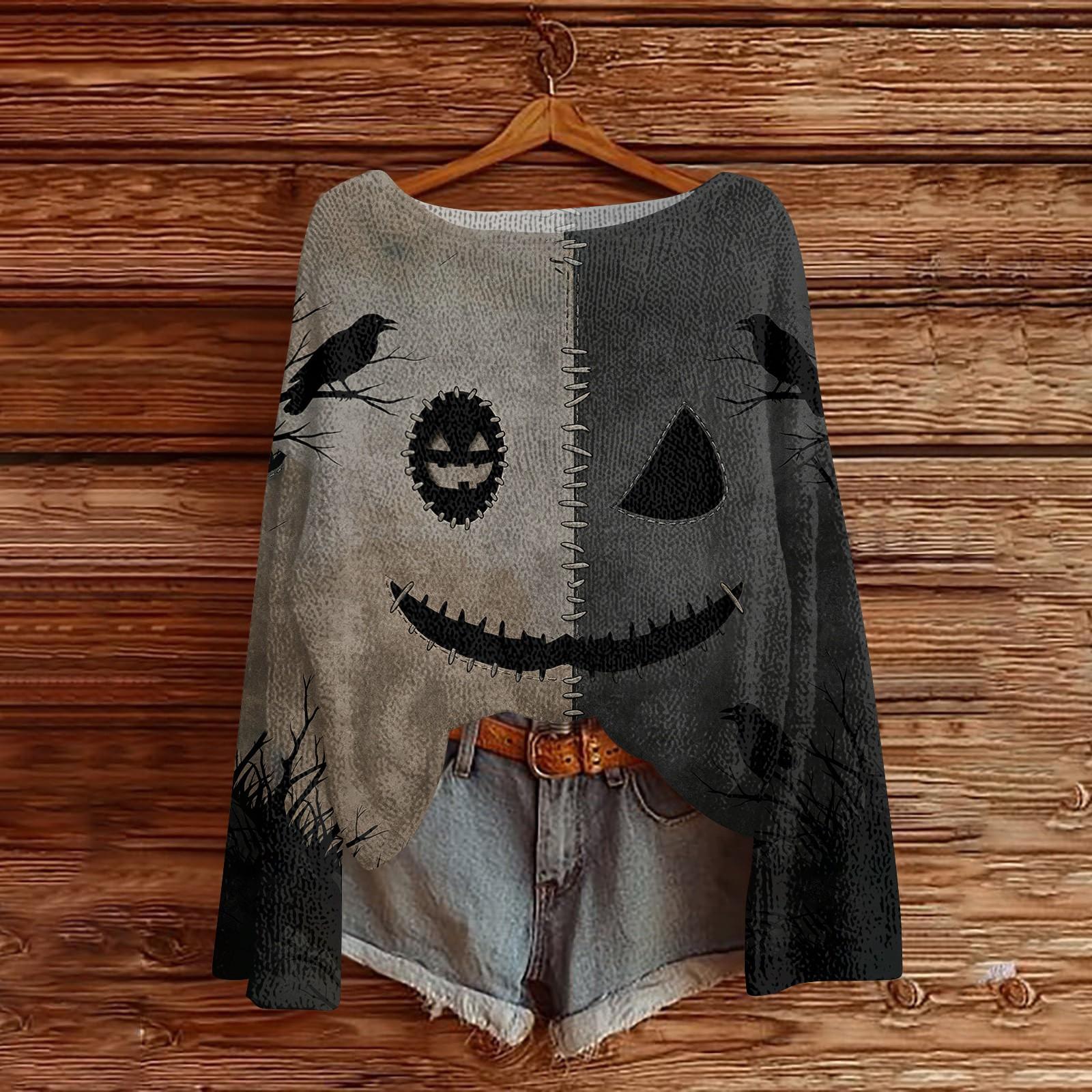 Women s Fashion Casual Long Sleeve Halloween Print Crewneck Knit Pullover Top M
