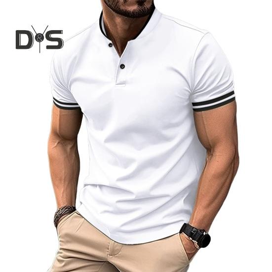 

Мужская летняя футболка с короткими рукавами и воротником-стойкой, полосатый однотонный пуловер, облегающий мягкий дышащий деловой повседневный мужской офисный топ M белый