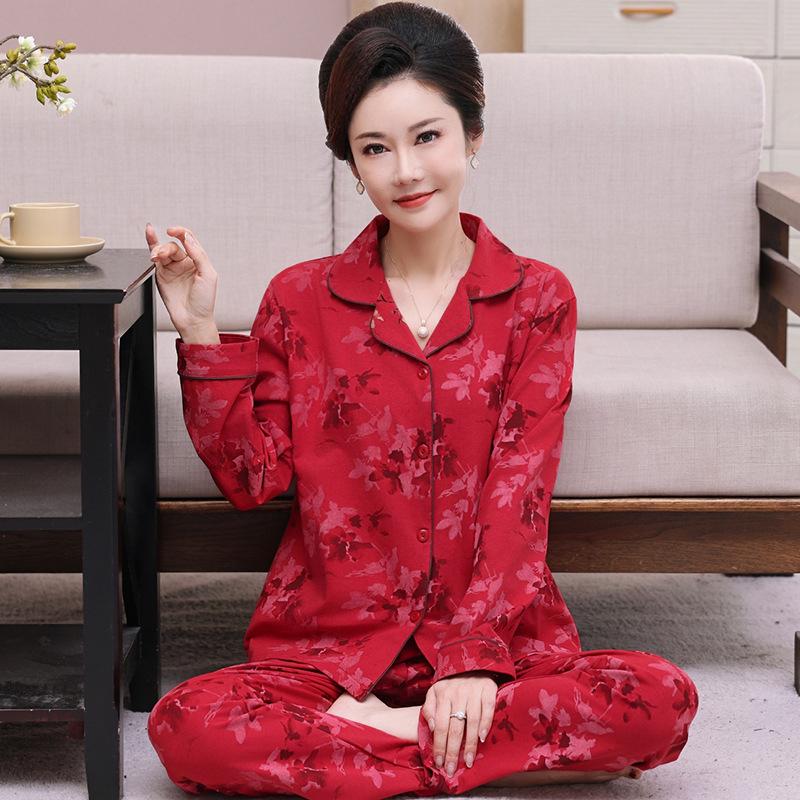 Festive Red Pure Cotton Long-Sleeve Pajama Set for Middle-Aged & Elderly Women (2026)