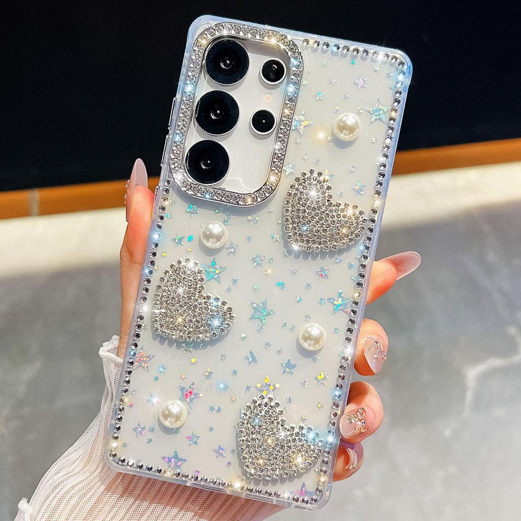 Samsung S265 Ultra Pouzdro na telefon Srdíčko s kamínky a třpytivou perlou, Plné krytí pro Galaxy S25 FE A57, Luxusní design.