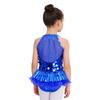 Kids Girls Dance Performance Costume Sleeveless Side Invisible Zipper Back Mesh Patchwork Feather Glittery Sequin Leotard