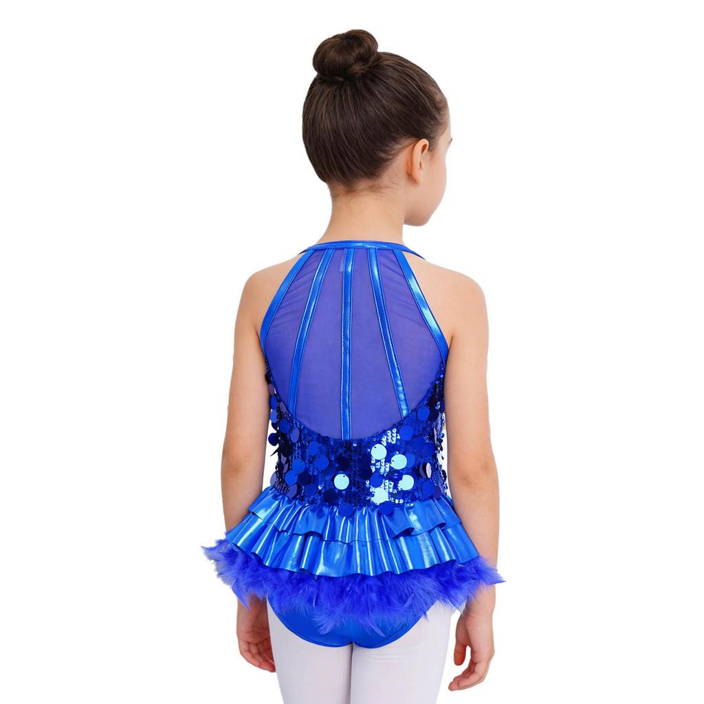 Kids Girls Dance Performance Costume Sleeveless Side Invisible Zipper Back Mesh Patchwork Feather Glittery Sequin Leotard