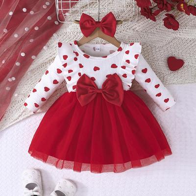 Baby Set of Long Sleeve Dress Lovely Heart Printed and Bowknot for Spring & Autumn Dress Girls Infants Clothes