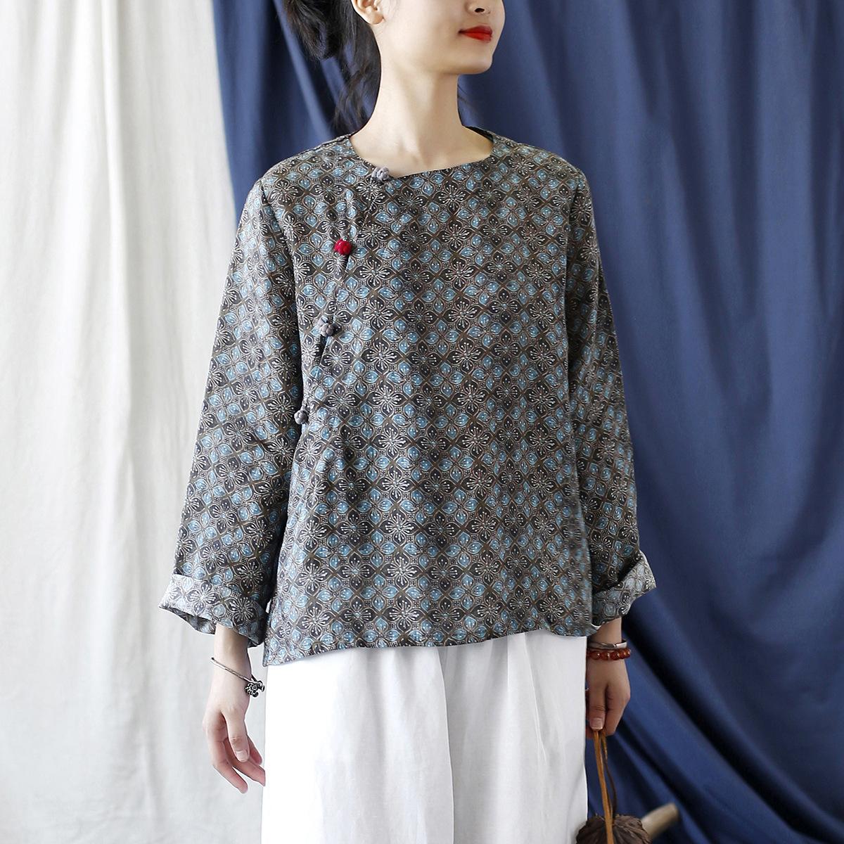 

Осенняя женская льняная рубашка Johnature с длинным рукавом и круглым вырезом, винтажная рубашка с принтом, однобортная свободная рубашка One Size тёмно-синий