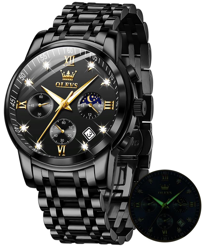 OLEVS Watch with Moon Date Quartz Stainless Simple and Luminous Black Men's Phase, Timer, Display, Movement, Waterproof, Steel, Fashionable, Design,