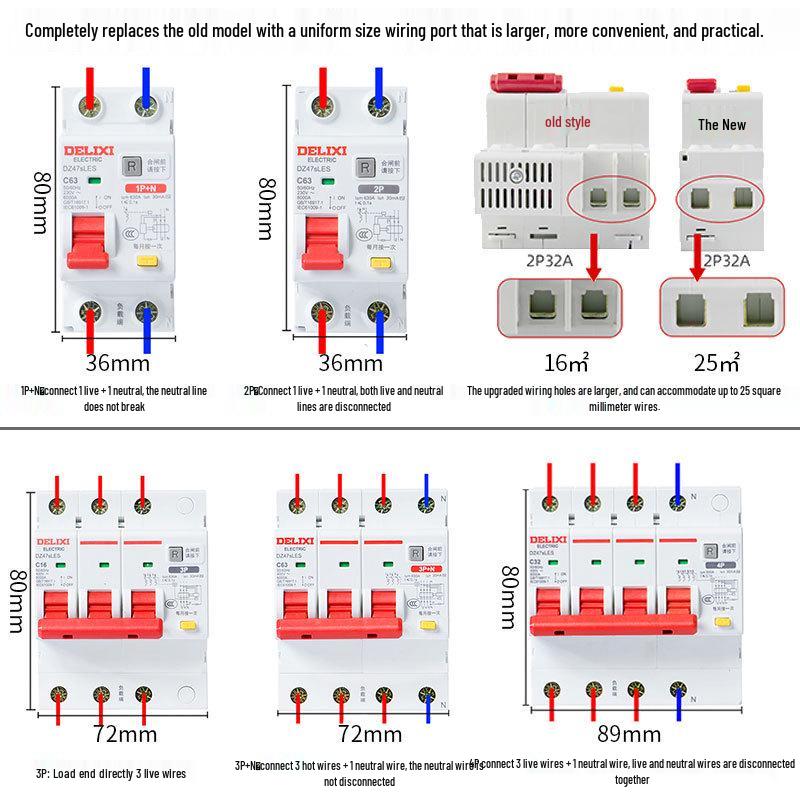 Delixi 220V Miniature Air Switch Circuit Breaker 2P with Leakage Protection, 1P+N, 3P, 4P.