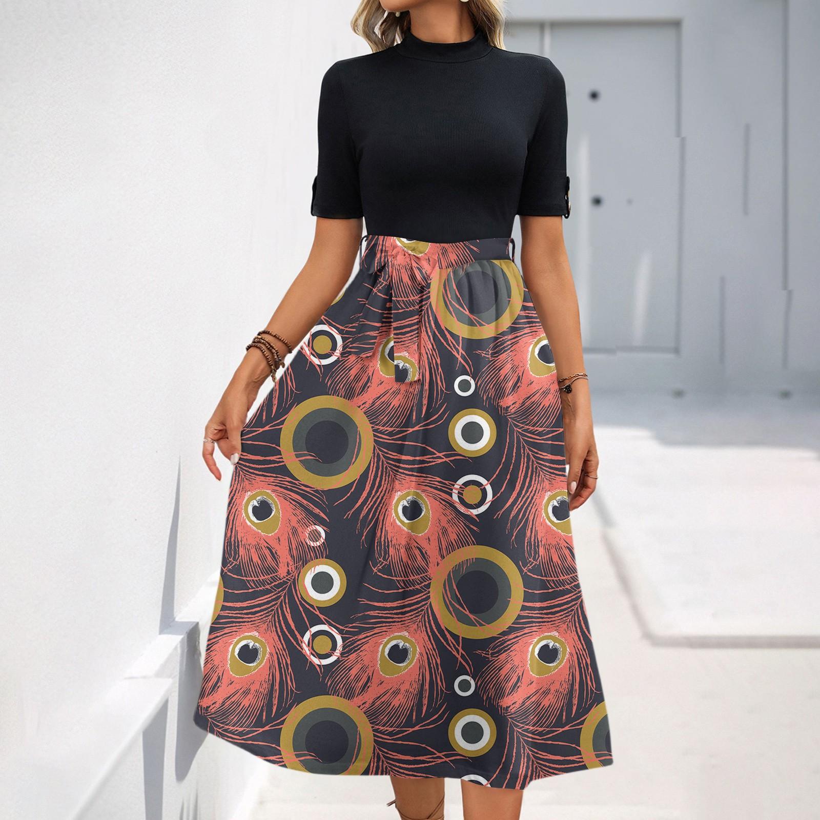 

Женское модное повседневное платье с коротким рукавом и круглым вырезом с цветочным принтом и элегантным темпераментом XL киноварь