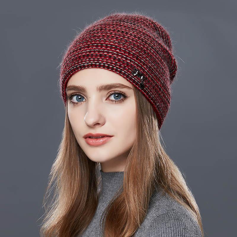 Factory Wholesale Winter Women Angola Wool Knitted Hats Warm Soft Double Layer Beanie вино красного