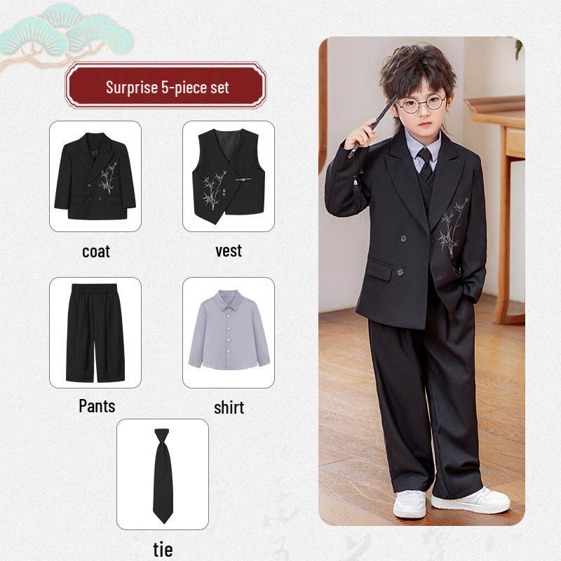 Boys' Chinese-Style Embroidered Velvet Vest and Suit for Autumn/Winter Photography and Performance