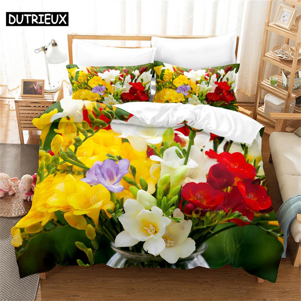 Beautiful Flowers Queen Bedding Set Duvet Cover Kids Bedroom Bed Set Comforter Cover Set King Size Duvet Cover Set Bedding Sets