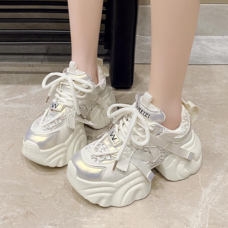 Fashion New Fashion Mesh Breathable Chunky Women's Sneakers Casual Lace Up 7CM Heightening Sports Shoes Comfortable Ladies Running Shoes
