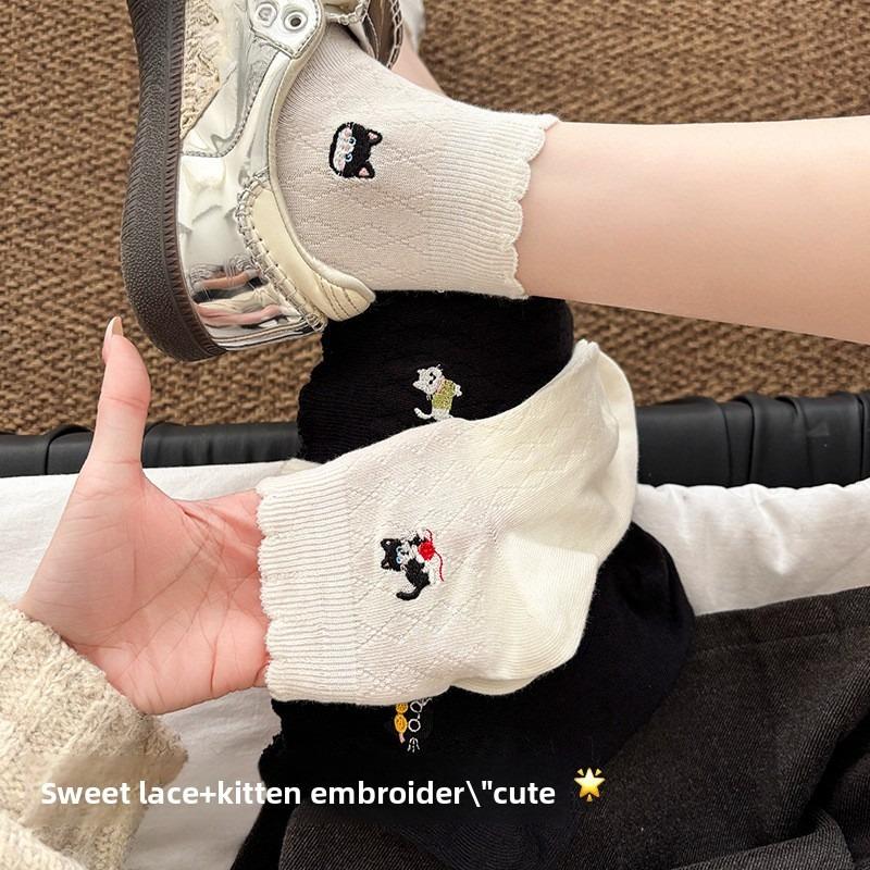 Sock Children's Mesh Breathable Short Socks for Spring and Summer, Pure Cotton Socks with Cat Embroidery and Ear Fungus Lace Trim.