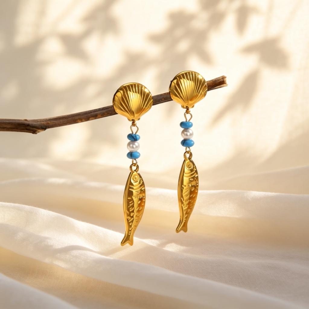 18K Gold Color Plated Long Fish Pendant Earrings Blue Stone Stainless Steel Waterproof Earrings for Women Trendy Holiday Jewelry