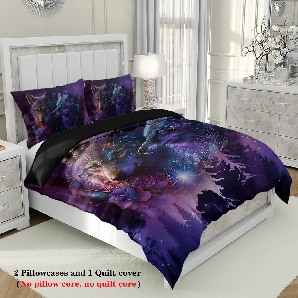 3Pcs Wolf At Night Pattern Printed Bedding Set, 1*Duvet Cover+2*Pillowcase, Suitable For King Bed, Single Bed For All Seasons