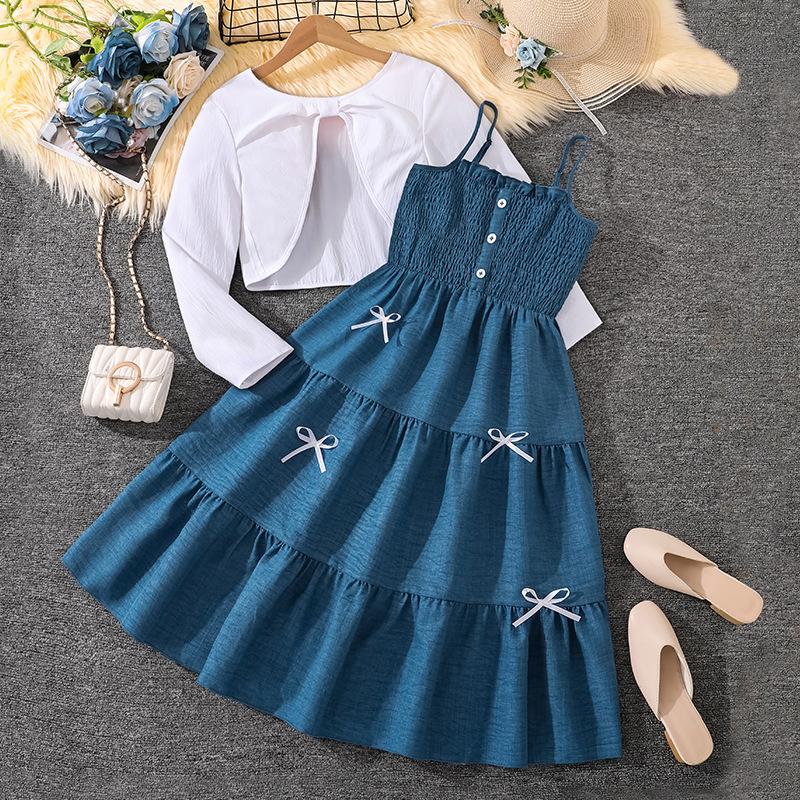 

2-12Y Girls Set Spring New Arrival Sweet Spaghetti Strap Dress + Long Sleeve Jacket Set 90cm/4Y белый