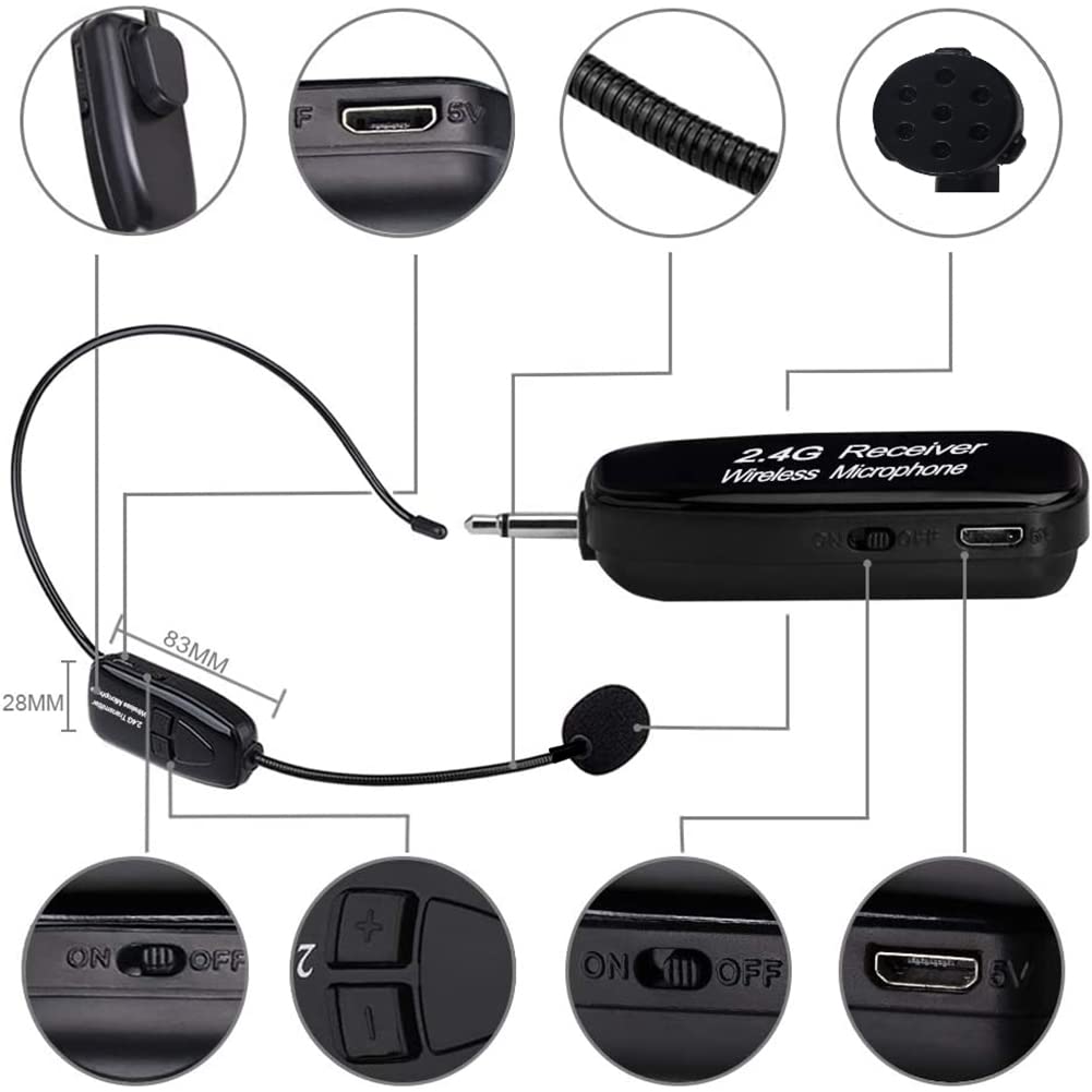 Tmei 2.4G Wireless Headset with Microphone, Stage, Portable Speaker, Lightweight, 3.5mm Stereo Mini Plug, Black (Black)