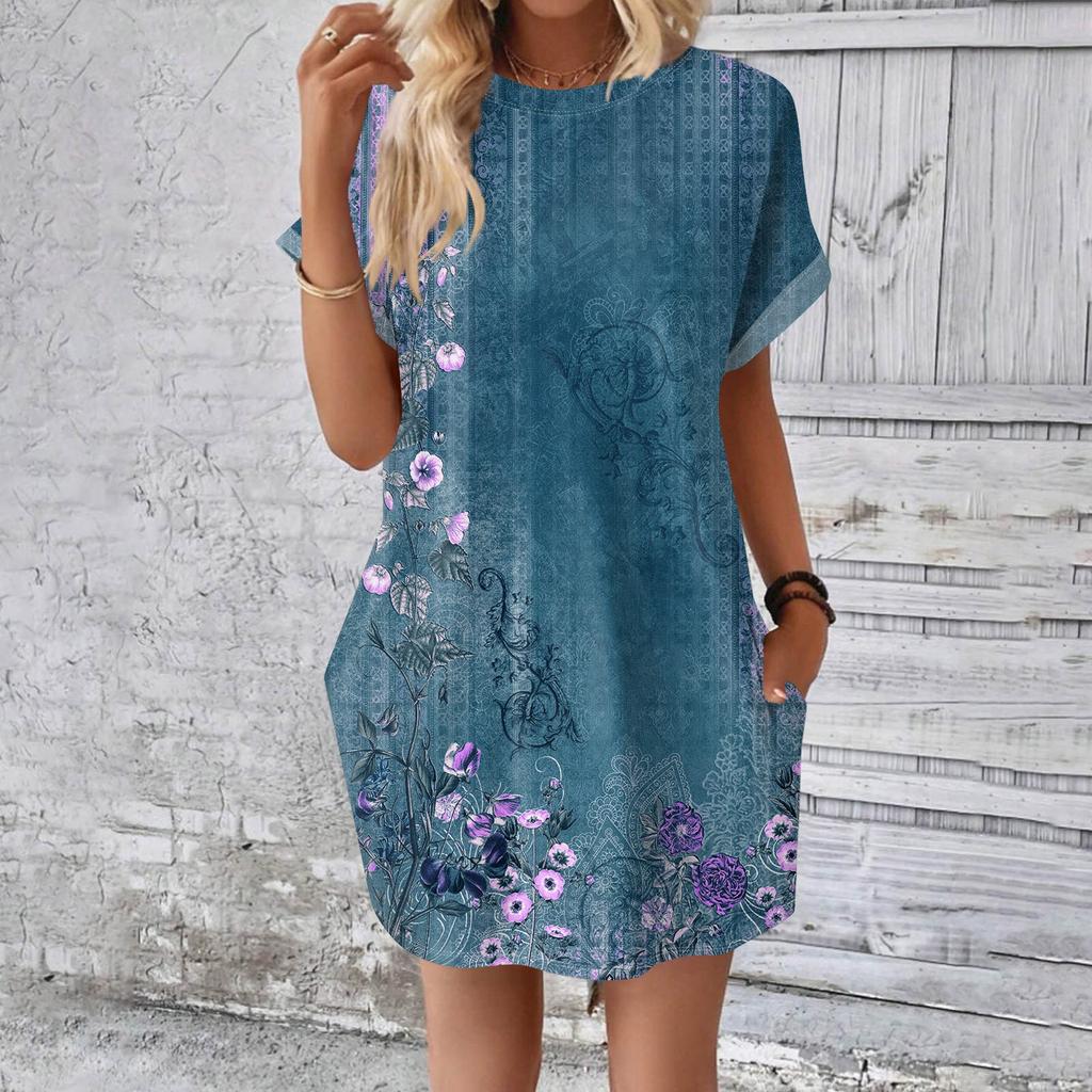 Rochie tricou lungă medie, la modă pentru femei, cu mâneci scurte, cu imprimeu de vară