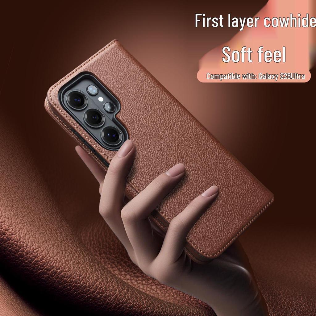 Qiali Leather Magnetic Flip Case for Samsung Galaxy S26 Ultra, Cowhide Protective Cover