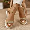 Fashion Basic Sandals Woman Casual Wedges Mid Heels Shoes Woman Solid Leather Buckle Strap Bight Diamond Summer Sandals