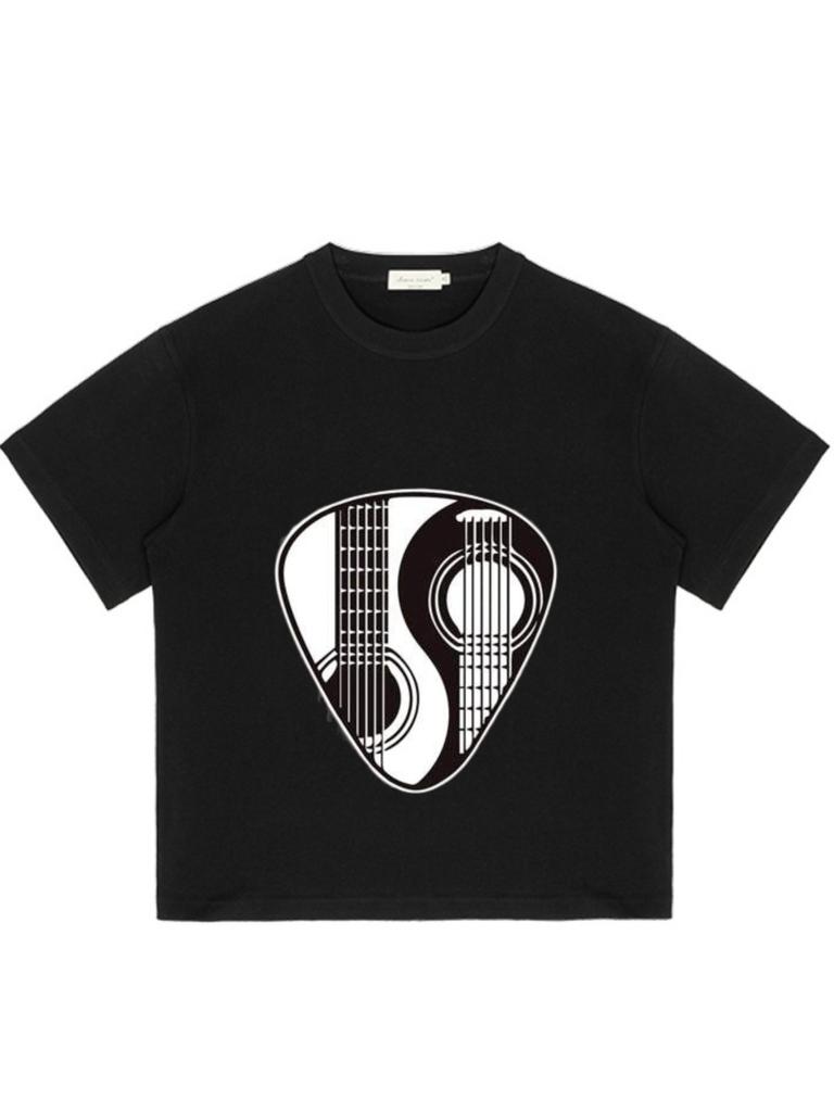 Black T-Shirt Guitar Pick Design Music Inspired Casual Wear for Men and Women Streetwear Fashion Statement Top