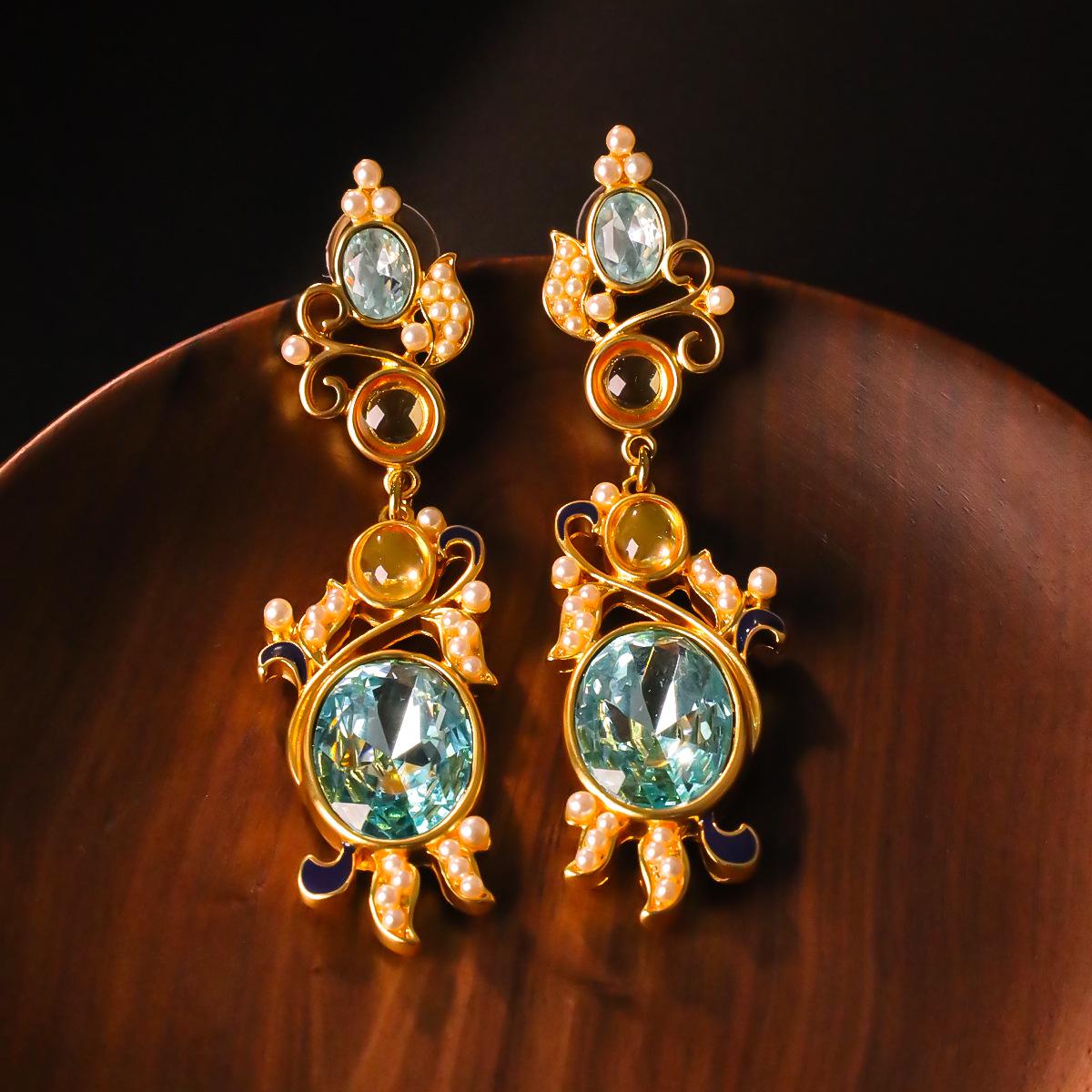 Vintage Blue Glazed Pearl-Embellished Drop Earrings
