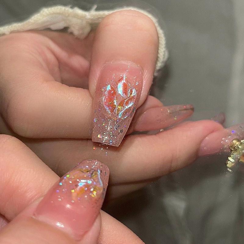 100% Handmade Long Trapezoid Fake Nails Art Aurora Rotating Butterfly Popular Nails Reusable Fake Nails
