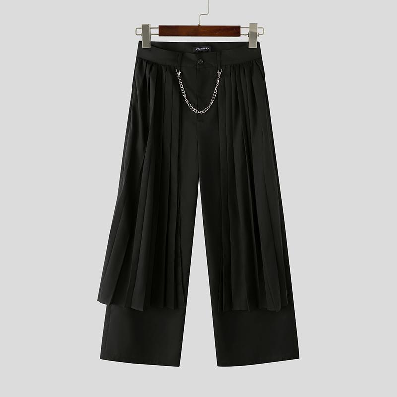 INCERUN Men Zip-up Waist Front Layers Solid Casual Long Pleated Pants Trousers