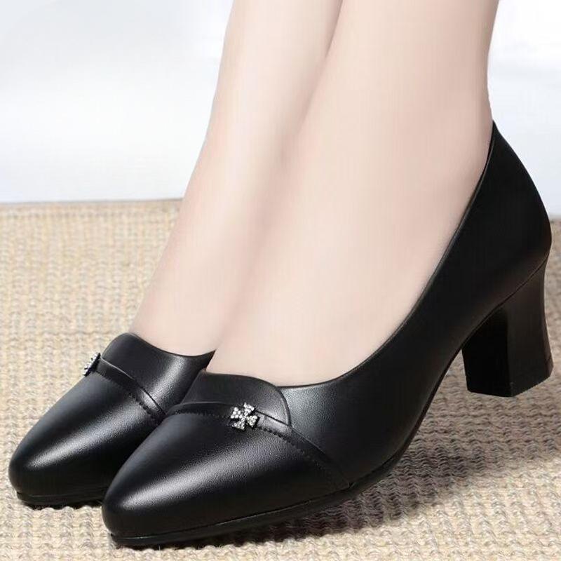 Mid-heeled Single Shoe Women's New Style Leather Shoes, Versatile and Soft-soled Shoes