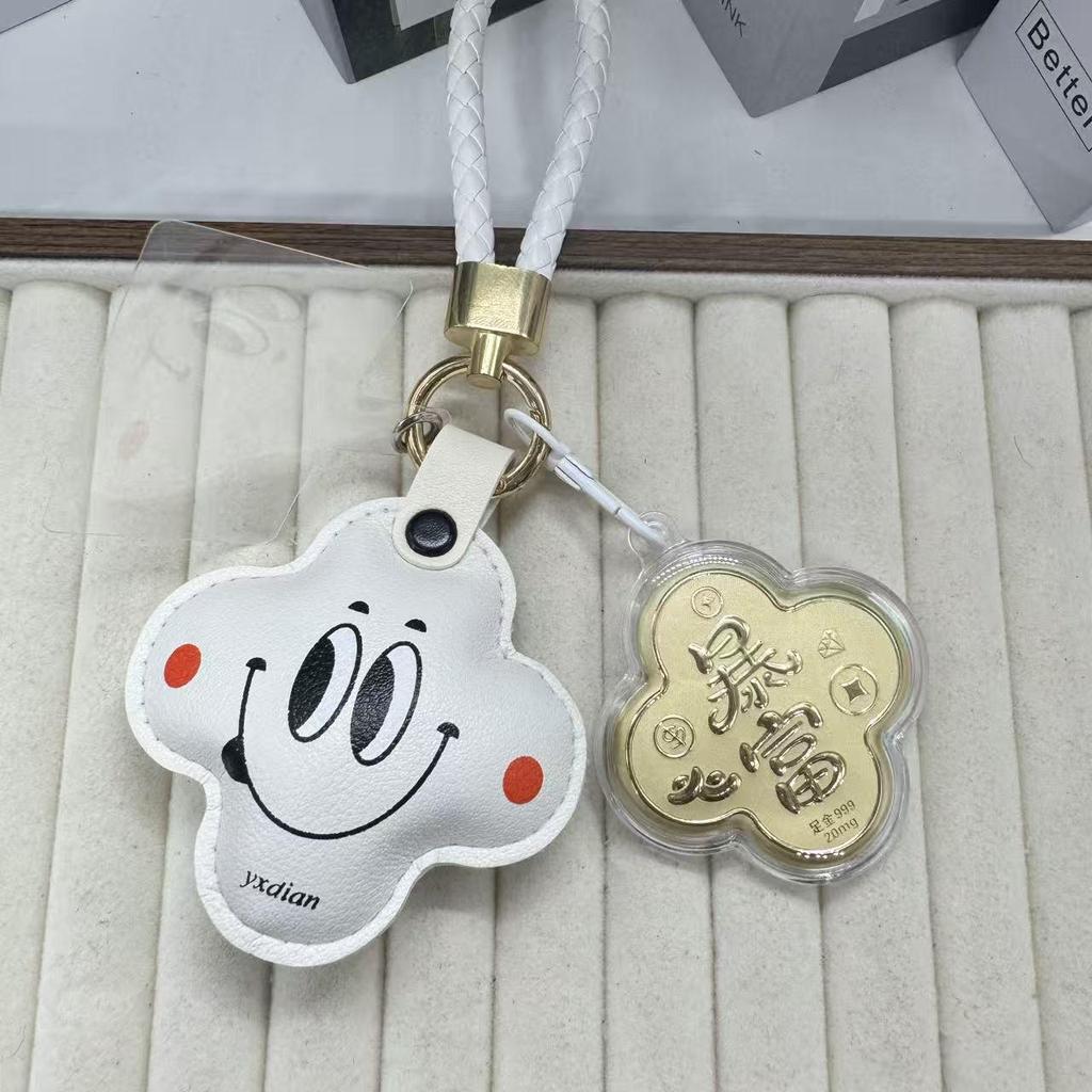999 Pure Gold Lucky Four-Leaf Clover Keychain with Cute Smiley Face Flower Charm