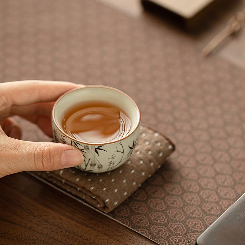 1 pc Chinese Traditional Ru Kiln Ceramic Tea Cup Handmade bamboo leaf Teacup Household Tea Bowl Personal Meditation Cup Teaware