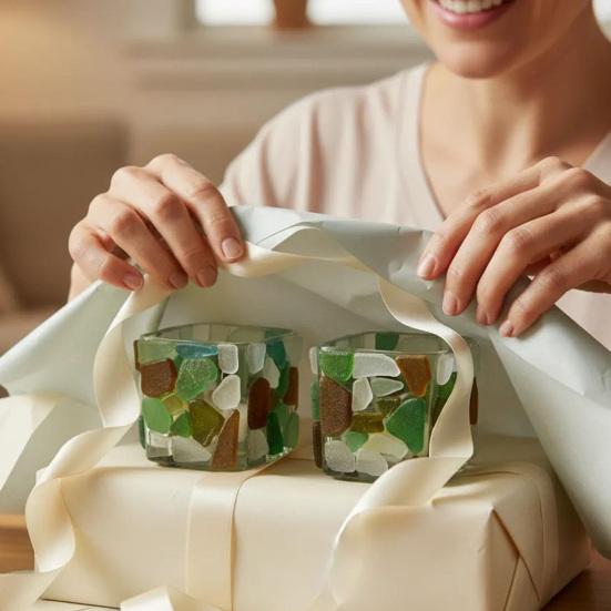 Sea Glass Tea Light Holders Handmade Mediterranean Candlesticks Nature Inspired Candle Holder Unique Gift