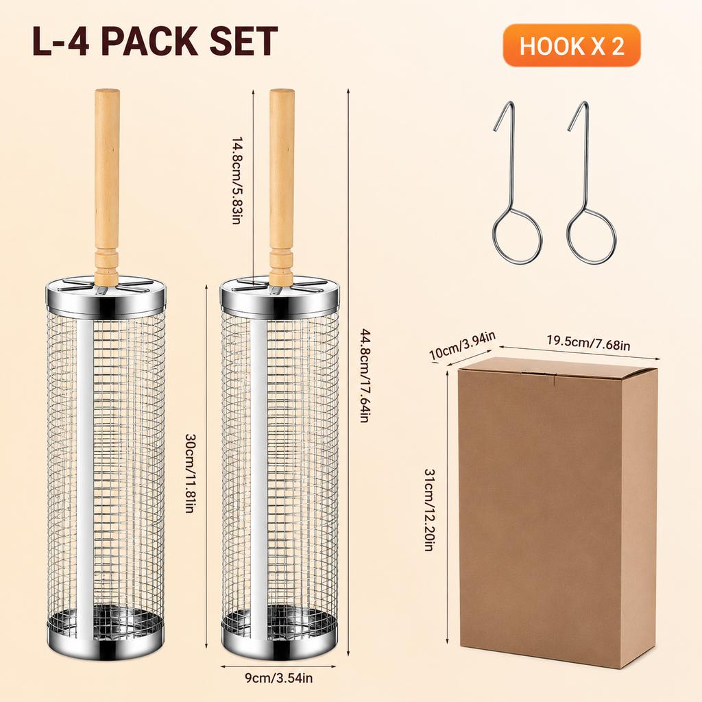 4/6/8 Pack Stainless Steel Rolling Grilling Basket Set Wooden Handle Outdoor Camping BBQ Vegetable Meat Grilling Accessories