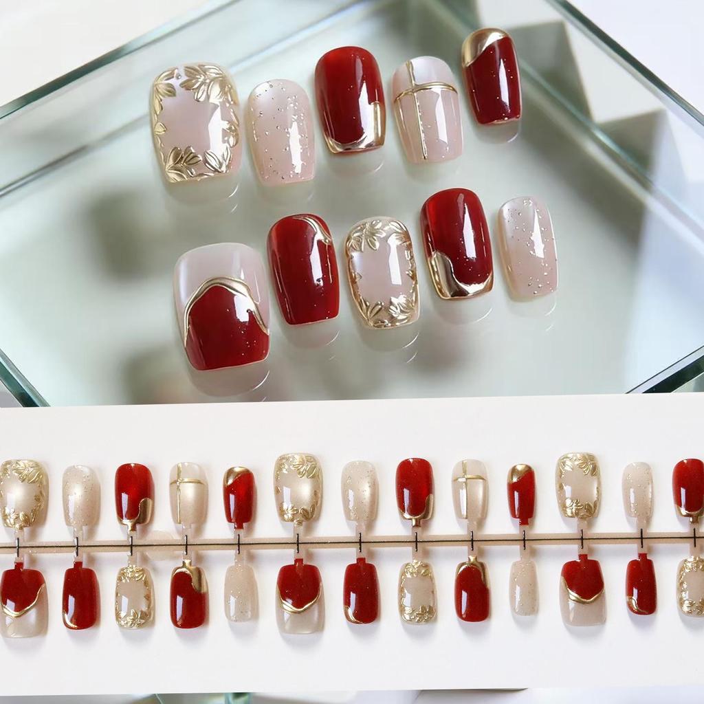 New Year Ruby Cat's Eye Ice Translucent Nails with Gold Flower Design