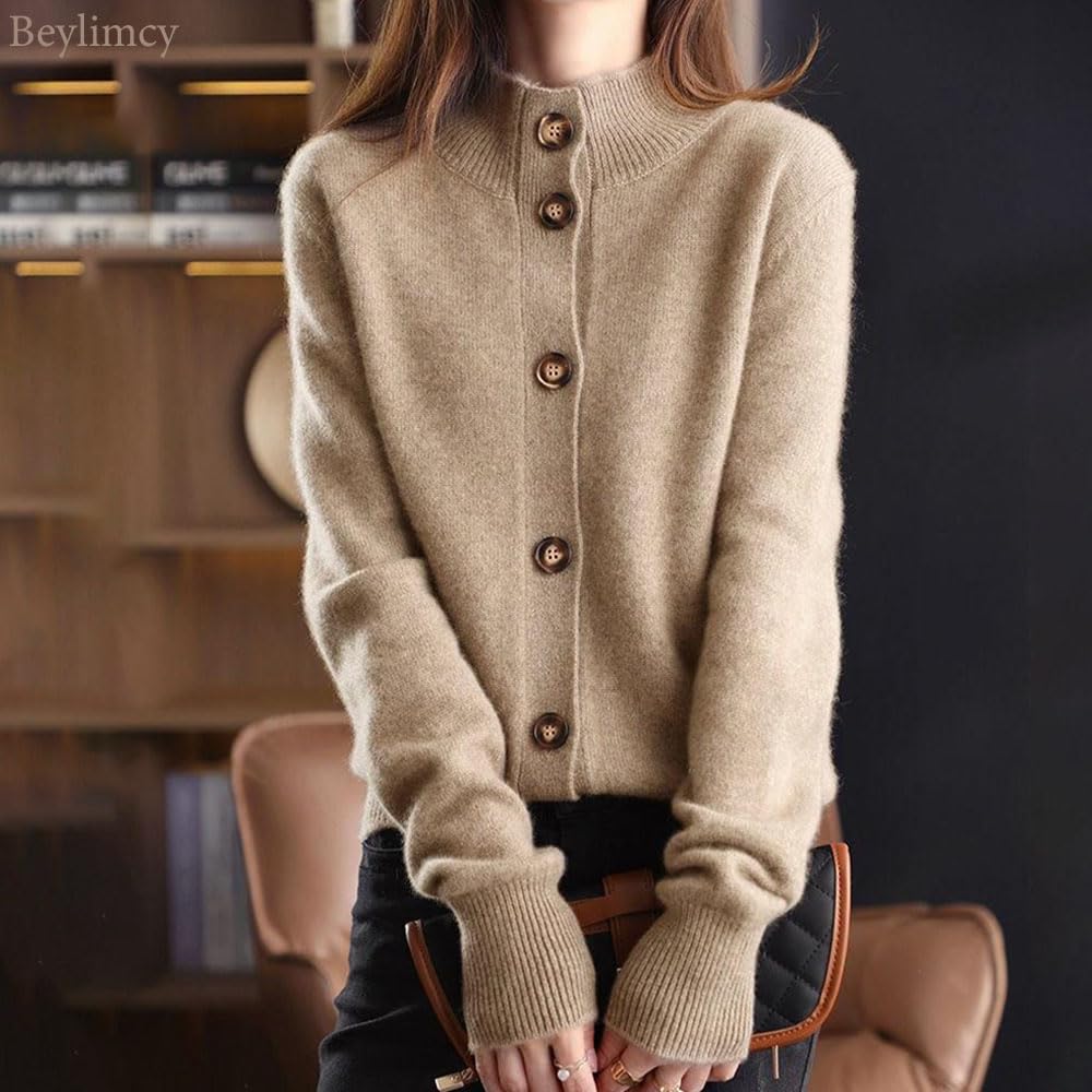 Beylimcy Knit Bey56 Women's Cardigan, Slimming, Stylish, Warm, Fluffy, Simple, Autumn/Winter Top, (JP, Alphabet, L, Beige)