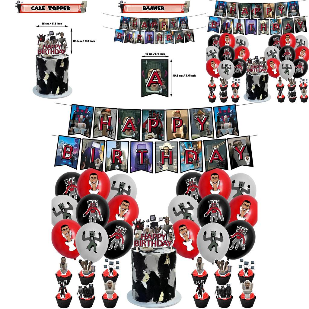 Skibidi Toilet Theme Birthday Party Decoration Kit Monster Birthday Cake Topper Paper Flag Balloons And More!