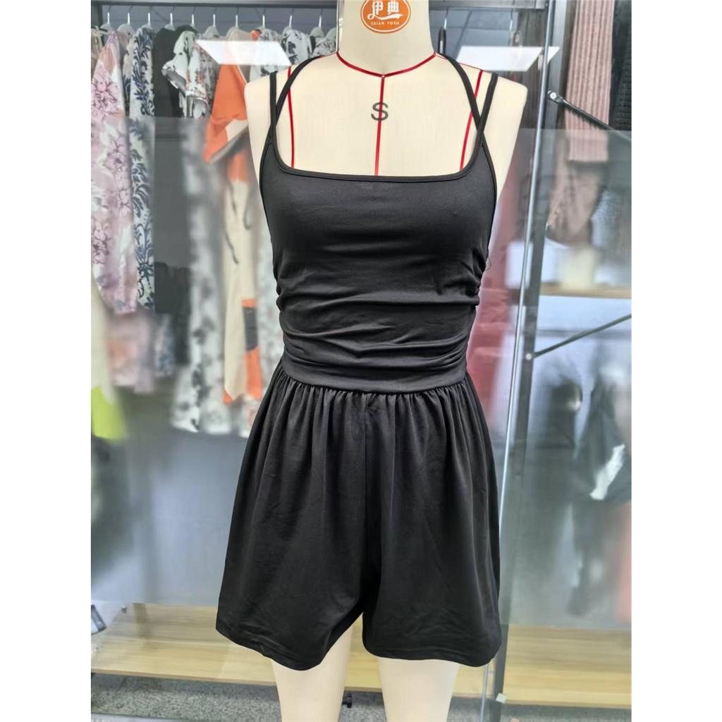 Women's Solid Color Sleeveless Halterneck Suspender Jumpsuit Pleated Waist Shorts