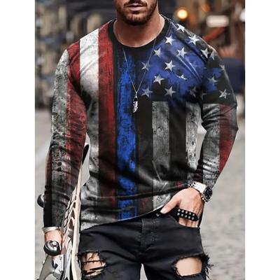 T-shirt da uomo vintage con girocollo e maniche lunghe - Morbido colletto a contrasto con stampa all-over casual per uscire in autunno e nelle quattro stagioni