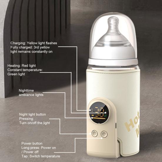 Milk Warmer Portable Baby Bottle Warmer with One-Button Control USB Rechargeable Wireless Milk Heater No Water Needed Intelligent Temperature Control