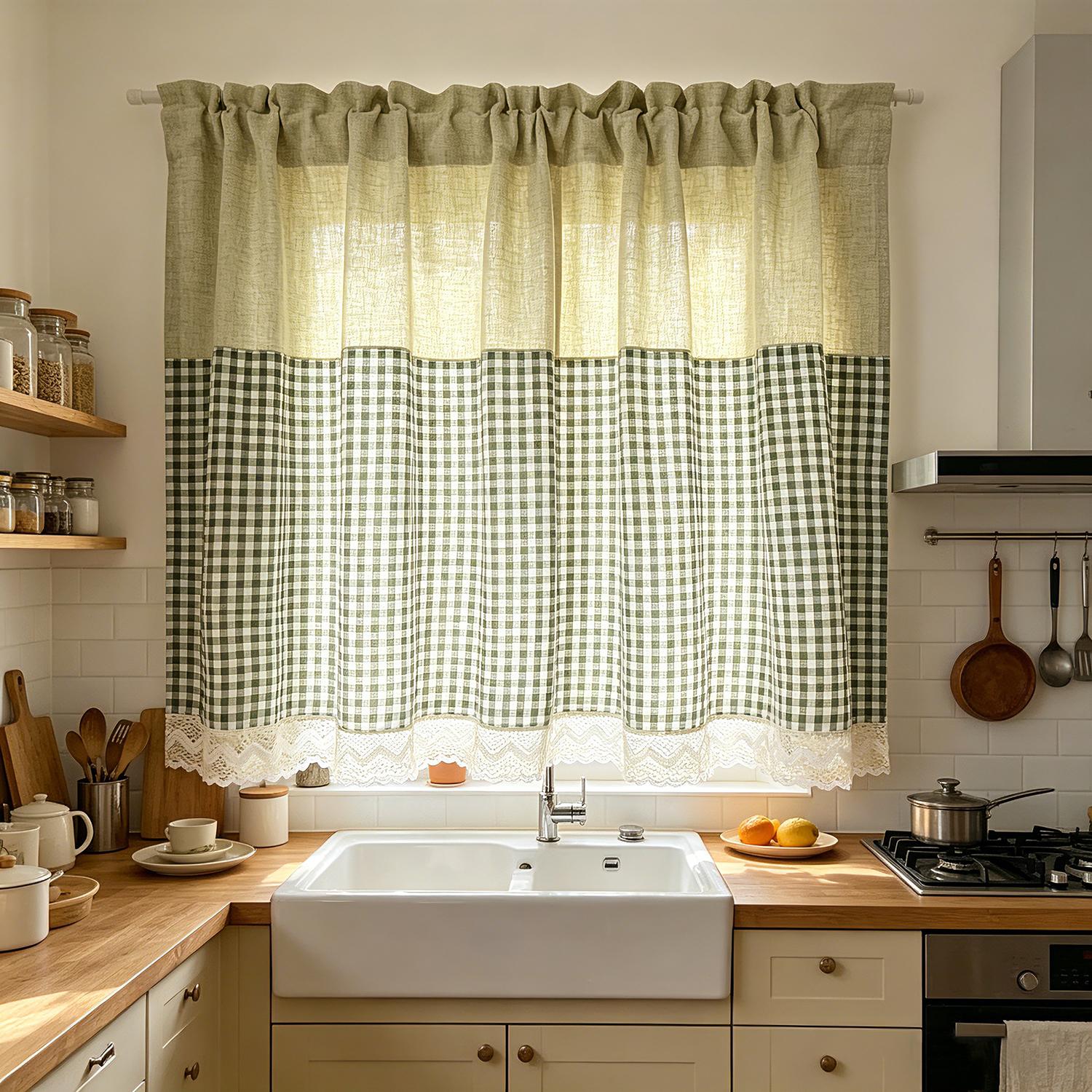1 ST Pastorale Groene Ruitsteek Korte Gordijn voor Woonkamer Keuken Studiekamer Deur Raam Gordijn Huisdecoratie W100CM X H60CM&Special Rod Pocket&1 panel groen