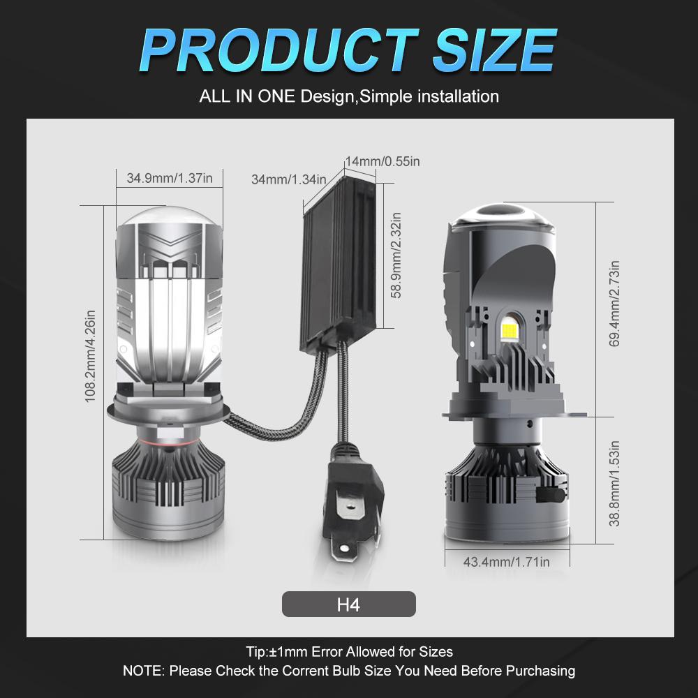 MAXGTRS 200W Auto LED Lens H4 Headlight for Cars High Beam Low Beam Projector Turbo Fan 6000k White Color Lighting