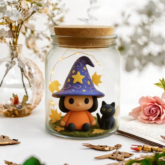 Adopt A Witch Hat Jar Halloween Witch Hat Doll with Black Cat in Jar Cute Light-up Decorative Jar for DIY Craft Gifts Party Favors