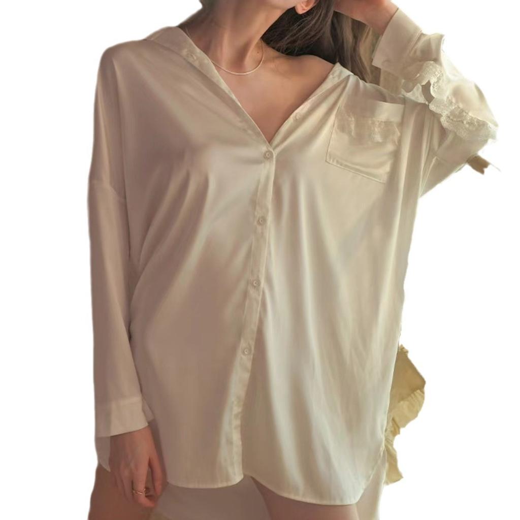 Ice Silk Nightdress Women's Pajamas Spring and Summer Long-sleeved Boyfriend Thin Top White Shirt Skirt Sexy Large Size