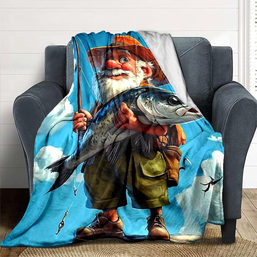 Cartoon Fisher Gnome Big Salmon Print Flannel Blanket Soft Warm Throw Blanket Nature Hobby Sofa Bed Home Decor