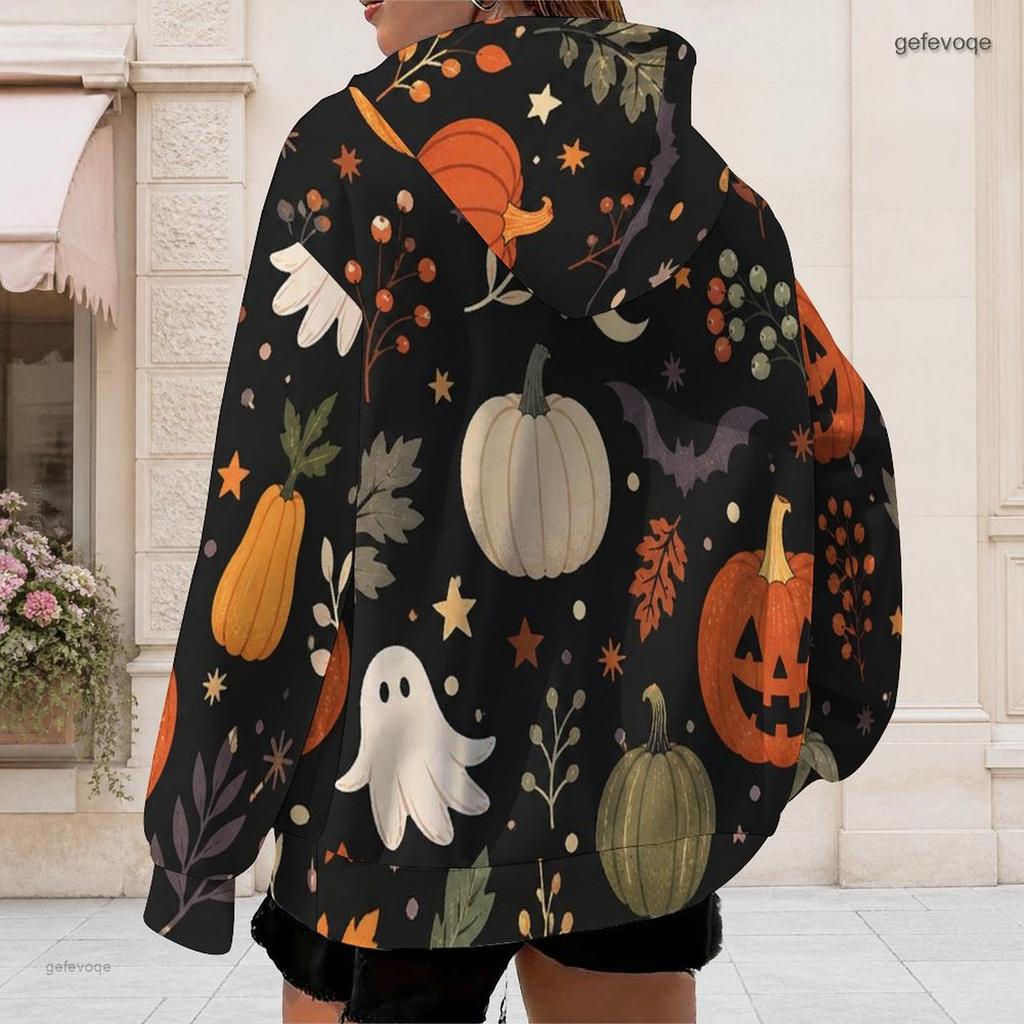 Women Plus Size White Zip Up Hoodie Long Sleeve Halloween Dachshund Printed Drawstring Hood With Pockets