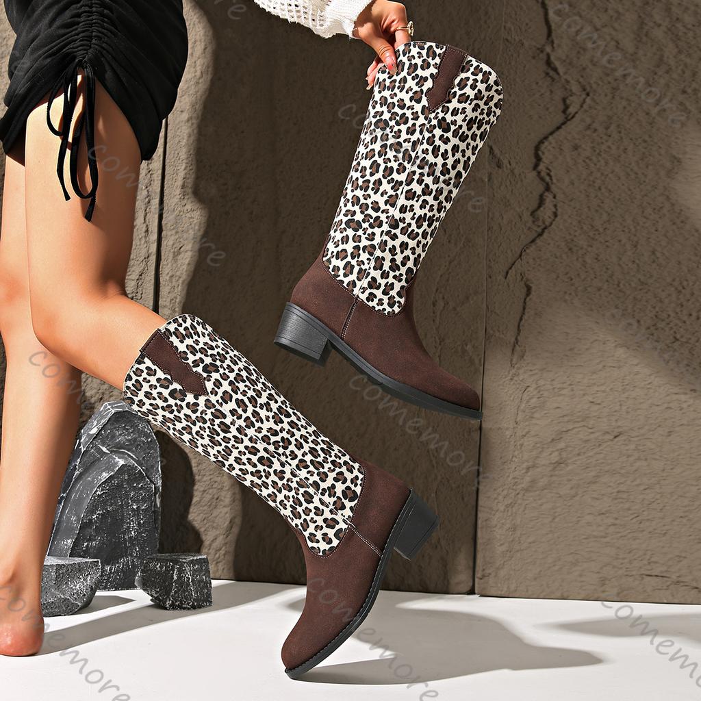 Comemore Women's Leopard Print Knee High Boots for Women Autumn New Pointy Head Patchwork Long Botas Thick Heeled Women Shoes