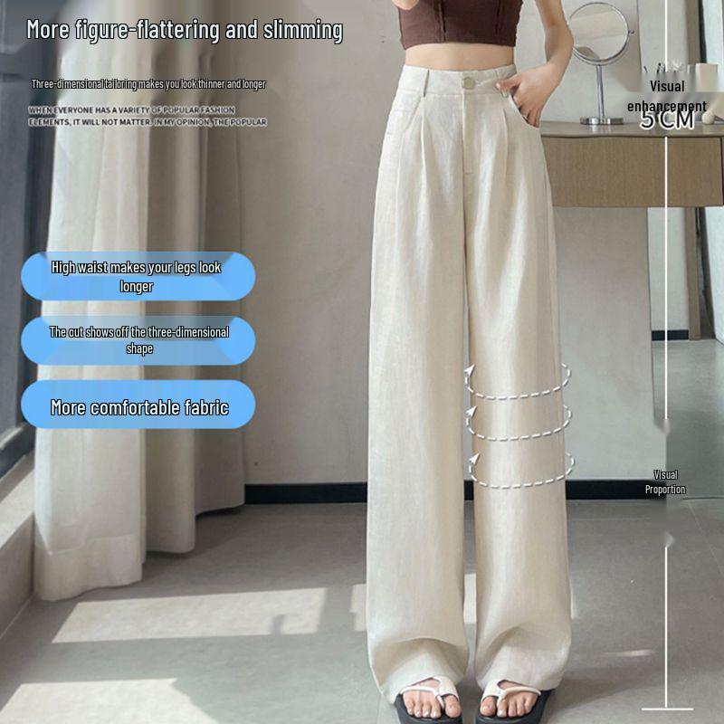 Ice Silk Cotton Linen High-Waisted Wide-Leg Pants for Women – Summer 2026 Drapey, Straight-Leg Casual Suit Style