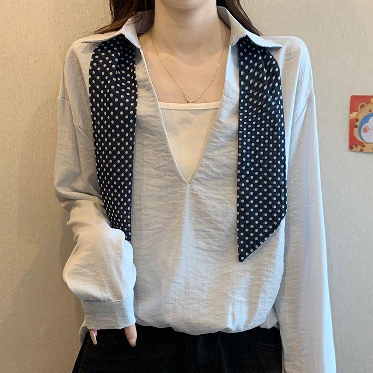 

Chic Plus Size Silk Scarf Tie V-Neck Long Sleeve Women s Color Block Patchwork Top - Autumn/Winter Two-Piece Look. S