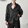 Oversized Men Incerun Neck Lapel Long Sleeve Striped Casual Loose Shirts Tops